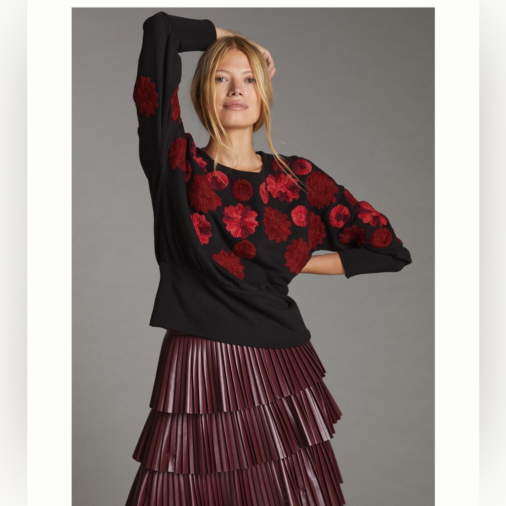Anthropologie Black Sweatshirt with Red Floral Embroidery